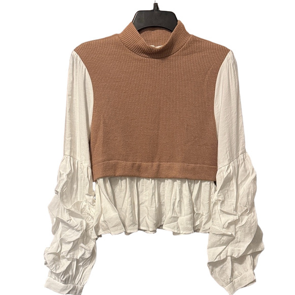 Anthropologie Tops - Anthropologie Tan and Off-White Layered Knit Sweater Blouse with Puffy Sleeves